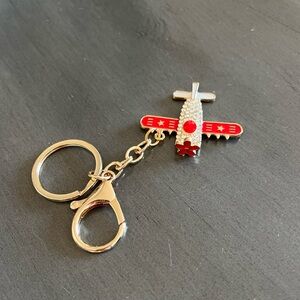 Red & Gold Airplane Plane Travel Allover Rhinestone 2” Keychain Bag Charm Vacay